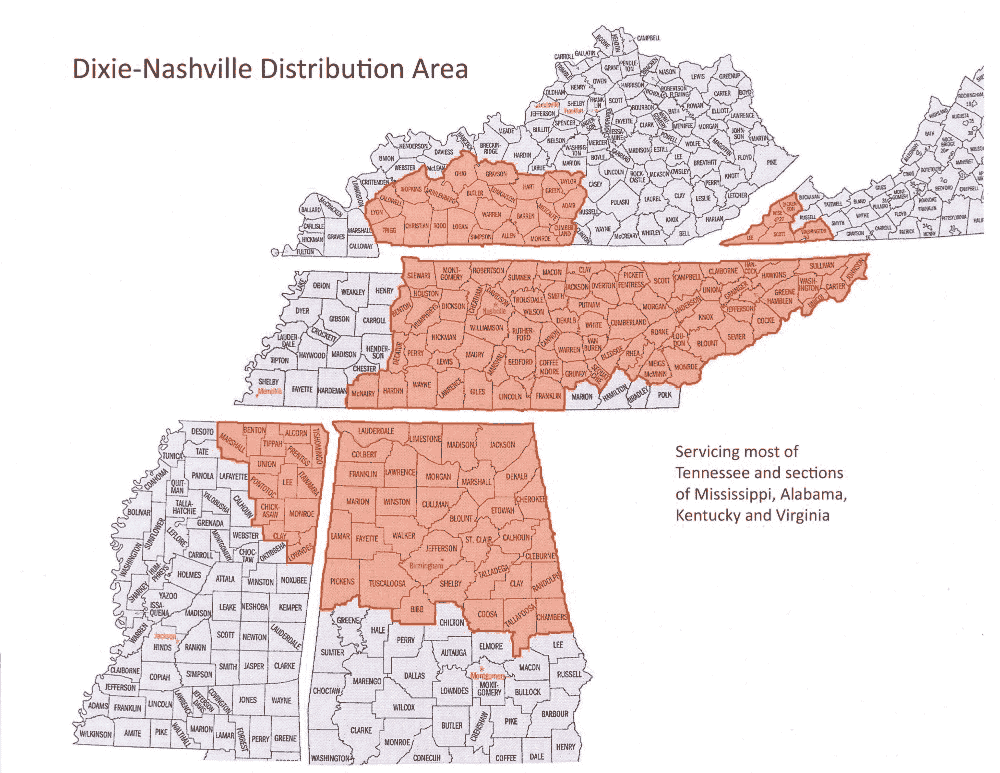 DIXIEPLY Nashville Distribution Area map